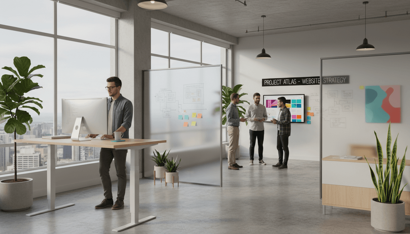 Professional consultants collaborating at a modern fintech-oriented office workspace